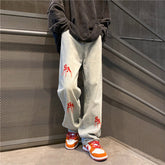 Men Jeans Embroidered Jeans Men's Summer Wide-Leg Straight Pants